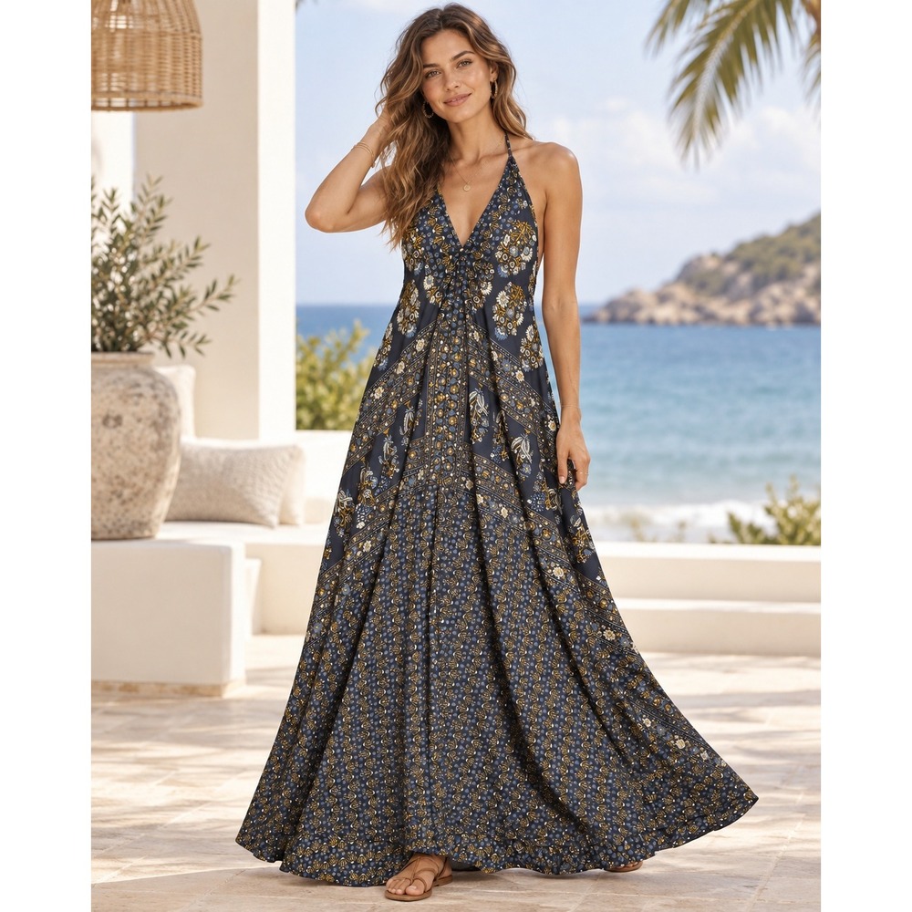Boho Floral Paisley Patchwork Halter Maxi Dress Large Navy Gold Cruise Open Back